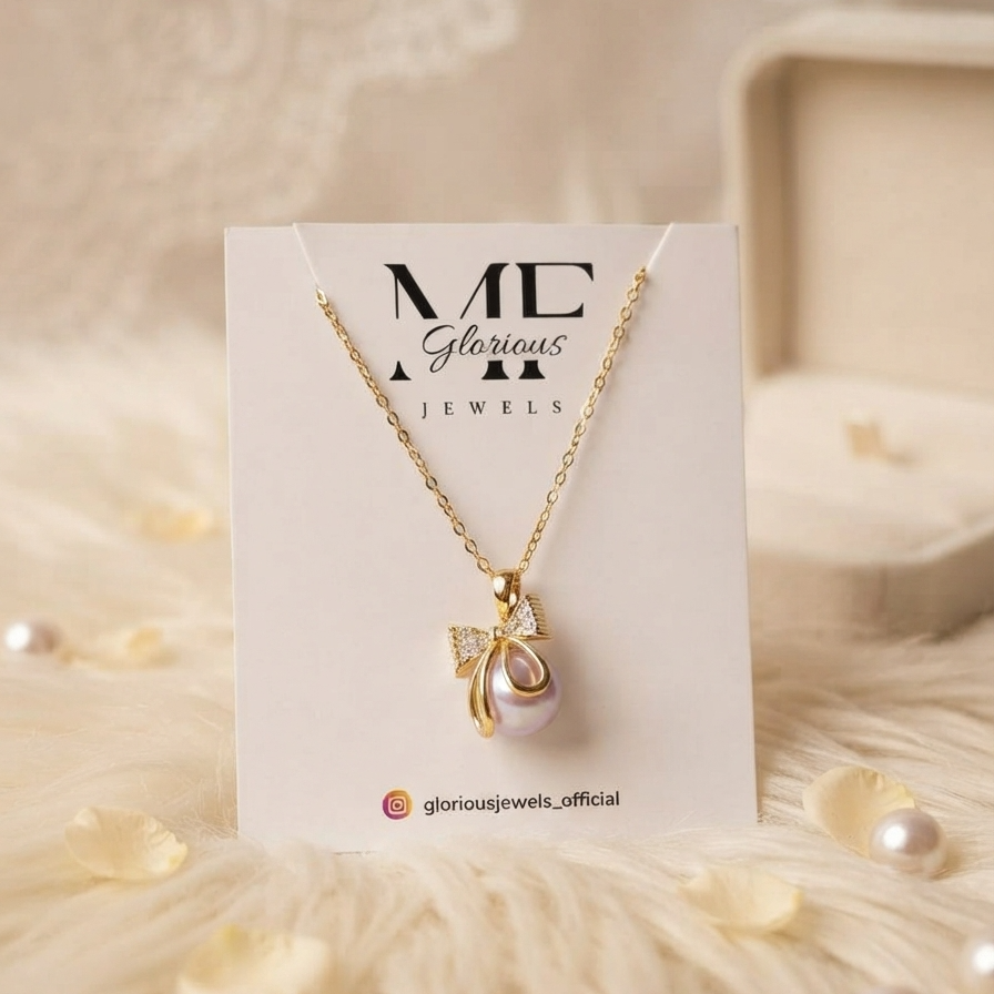 Gold Bow Pearl Pendant Necklace for Women
