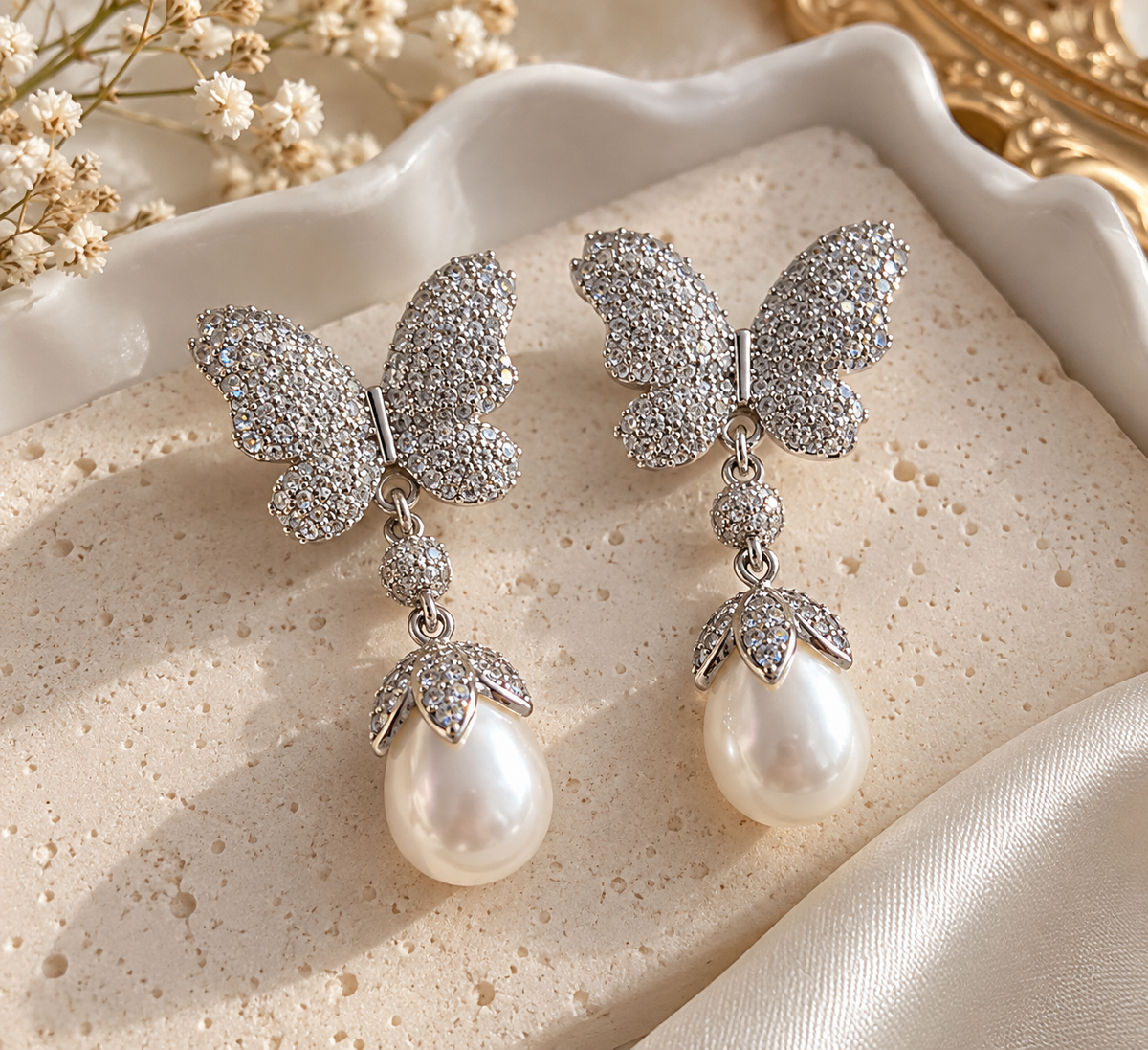 Royal Butterfly Pearl Drop Earrings