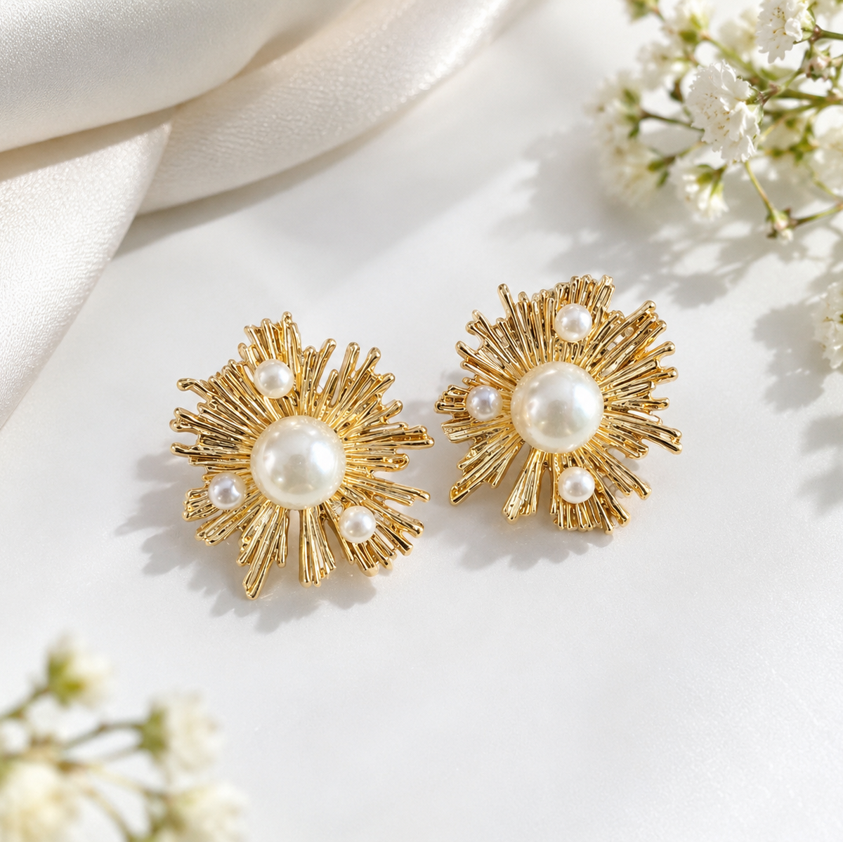 Pearl & Gold Sunburst Earrings