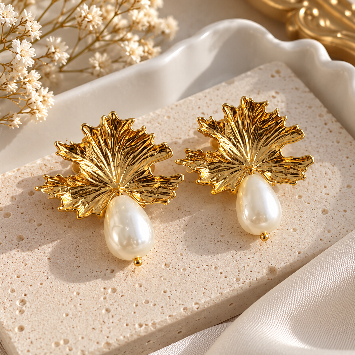 Golden Maple Pearl Drop Earrings