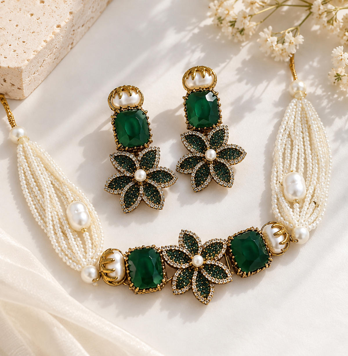 Emerald Pearl Floral Statement Set
