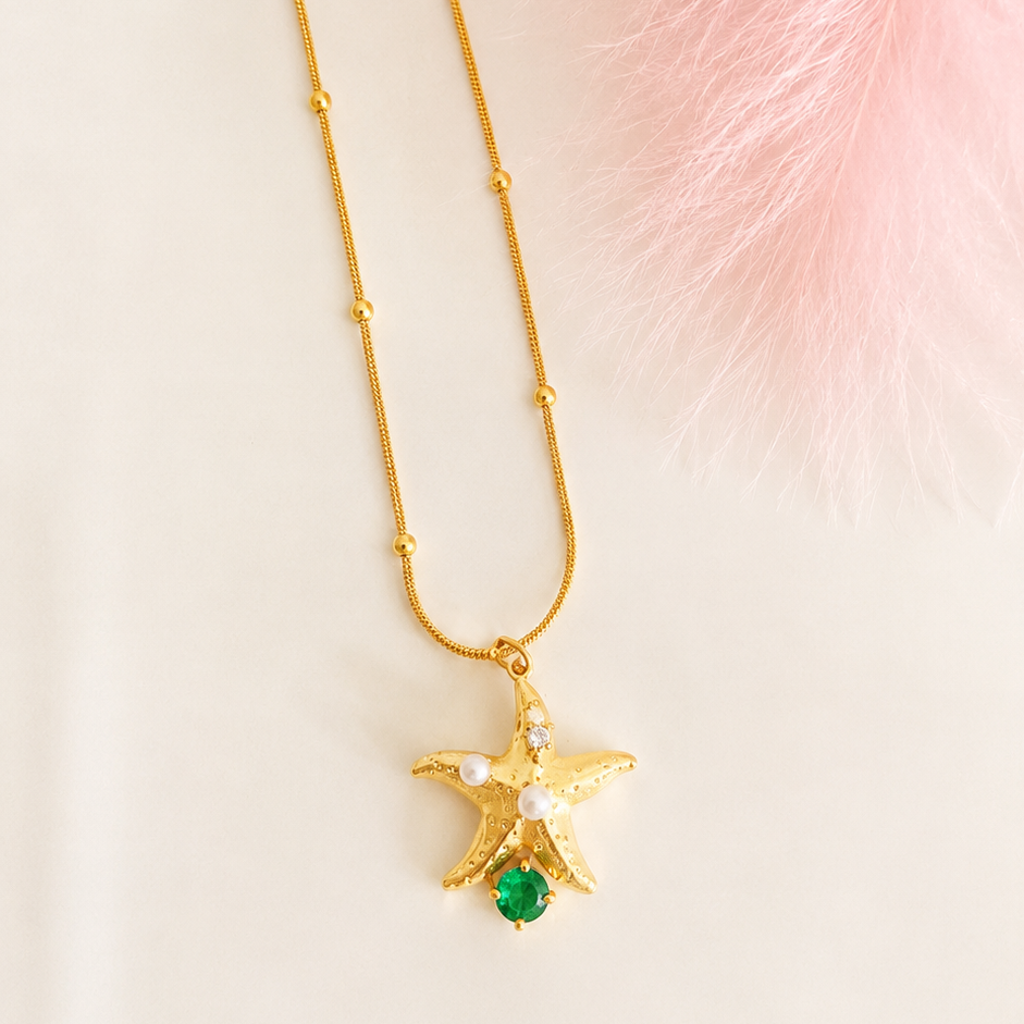 Starfish Pearl Green Stone Gold Necklace